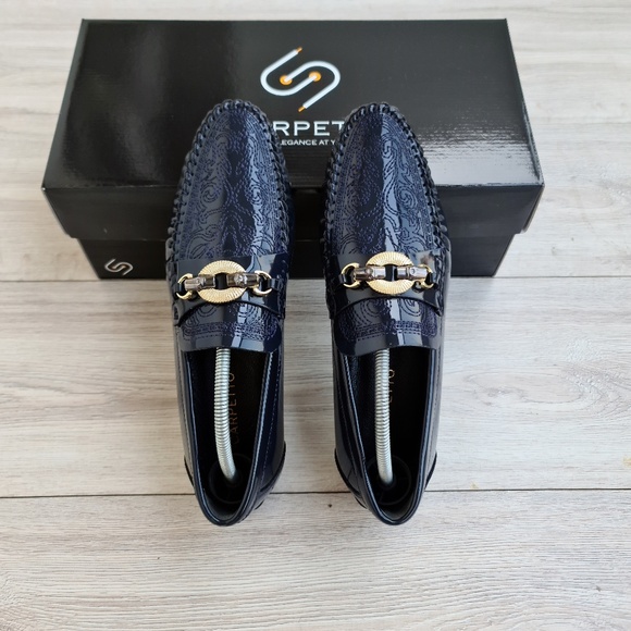 Men's Embroidered Patent Leather Loafers in Navy - Picture 3 of 5